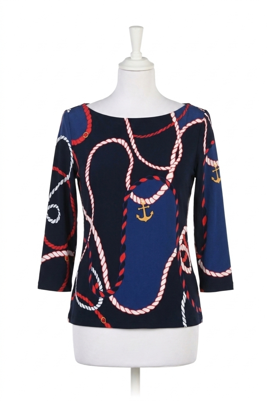 NEW FRANK LYMAN casual boat neck top in midnight/red